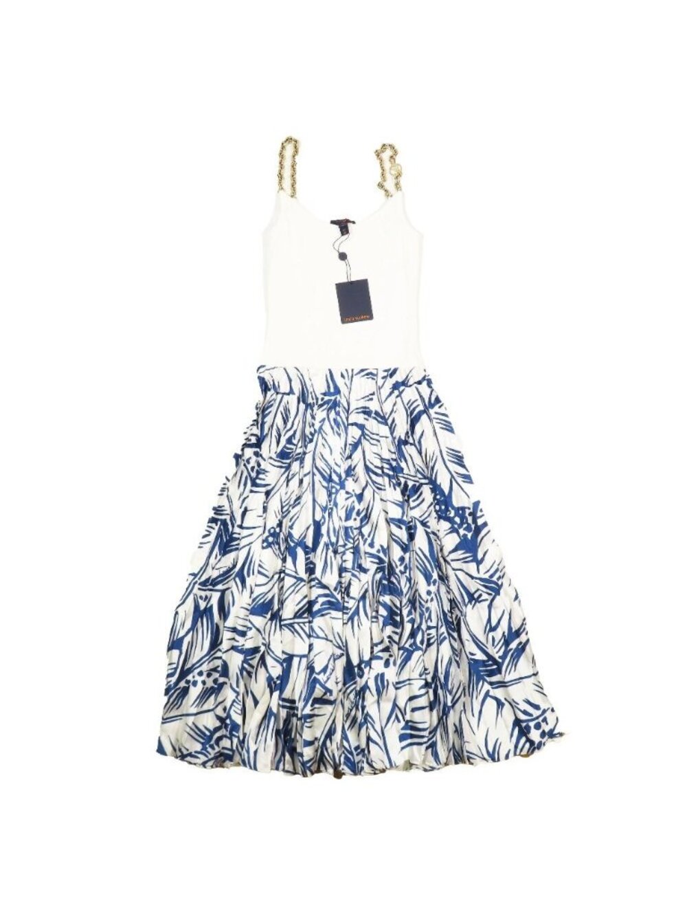 Louis Vuitton LV Logo Chain Silk Docking Pleats Long Dress All Over Print